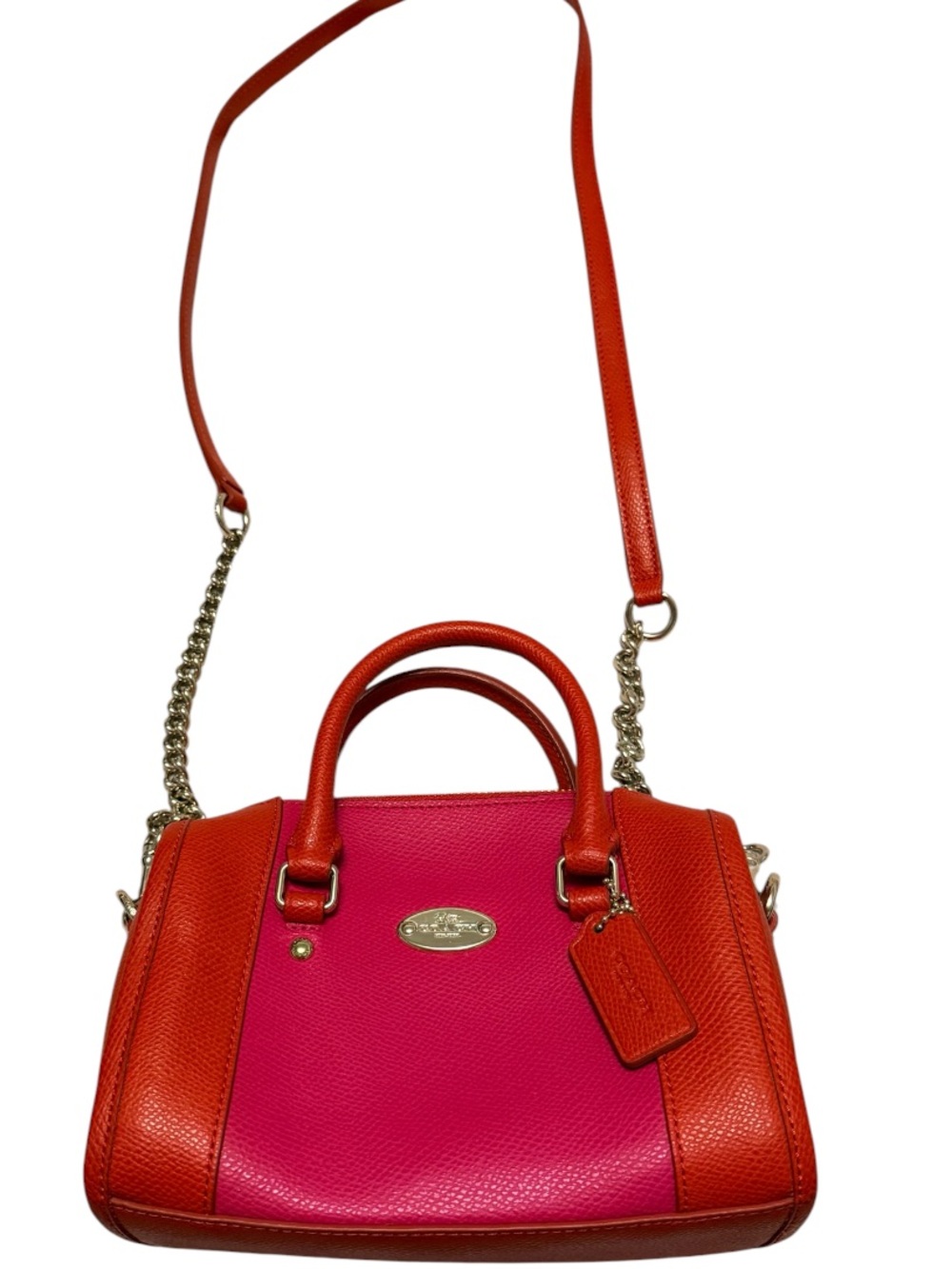 Coach Two-Tone Pebbled Leather Satchel in Pink & Red-Orange